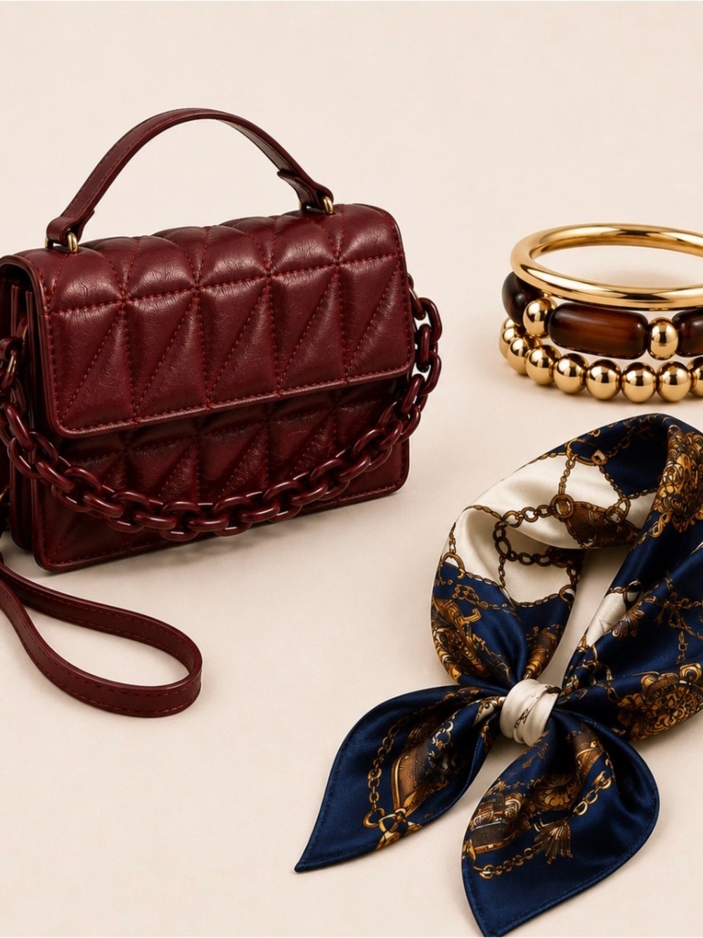 Burgundy Luxe 3-Piece Accessory Bundle – Handbag, Scarf & Bracelet Set